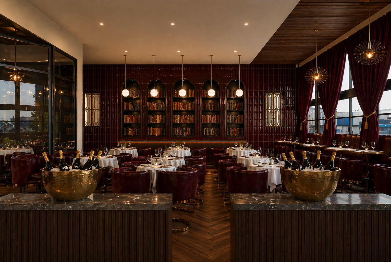 Hide & Seek — The Dining Room, oxblood tile and brass